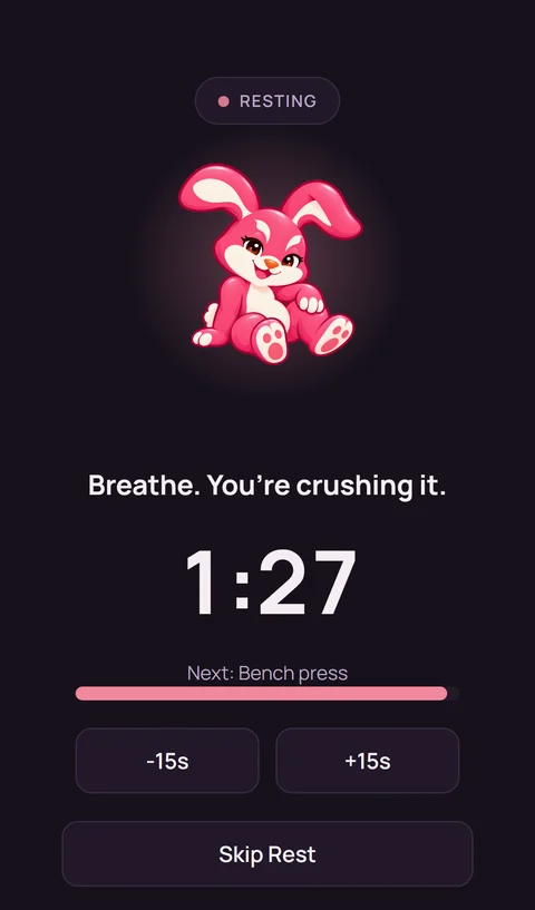 Rest timer with the RepBunny bunny and a 1:27 countdown