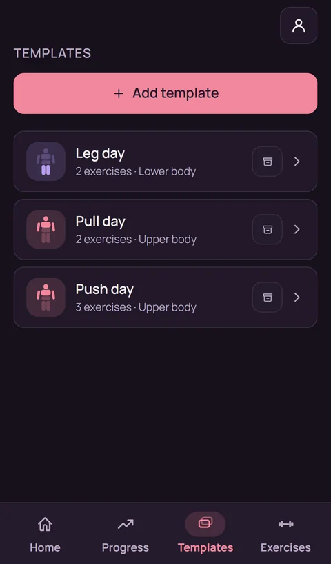 Templates list with leg, pull, and push days